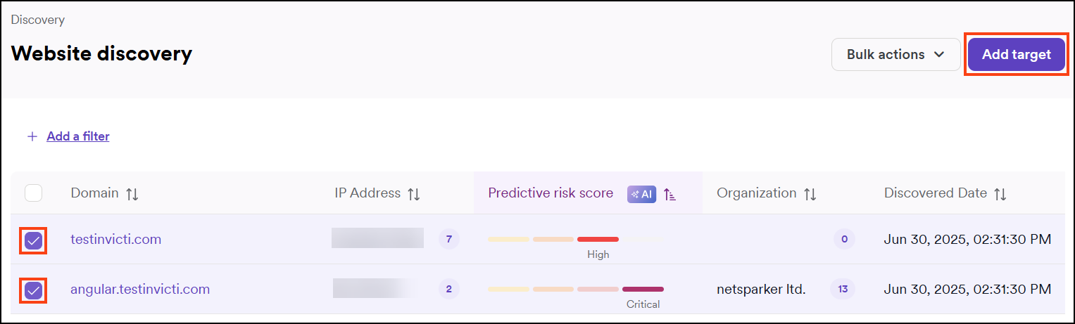 Website discovery with Add target button highlighted