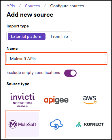 Select Mulesoft as the API source