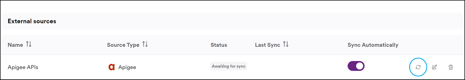 Select API sources interface