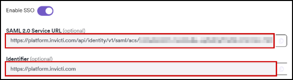 Changed SSO SP values of SAML 2.0 Service URL and Identifier.