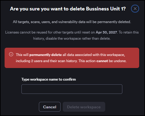 Delete workspace confirmation dialog with a permanent data loss warning and a Type workspace name to confirm field