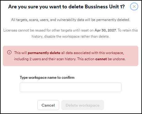 Delete workspace confirmation dialog with a permanent data loss warning and a Type workspace name to confirm field