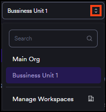 Workspace switcher dropdown showing a list of available workspaces and a Manage workspaces button at the bottom