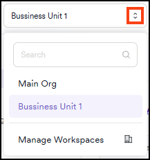 Workspace switcher dropdown showing a list of available workspaces and a Manage workspaces button at the bottom