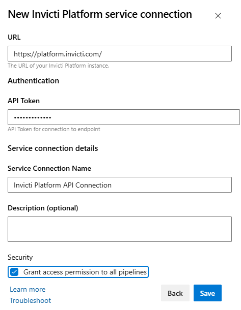 Azure DevOps Invicti Platform service connection configuration form with URL, API Token, Service Connection name, and Grant access permissions to all pipelines fields