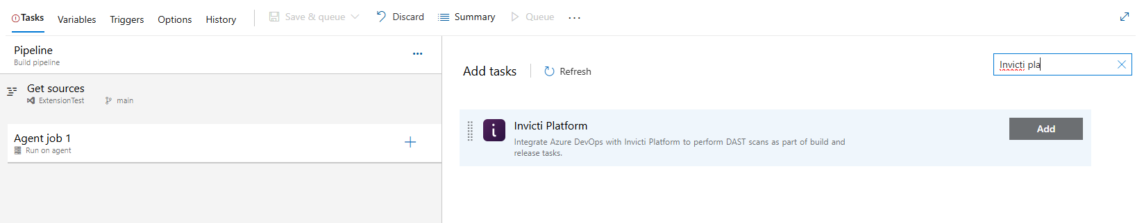 Azure DevOps pipeline tasks list showing the Invicti Platform task with an Add button