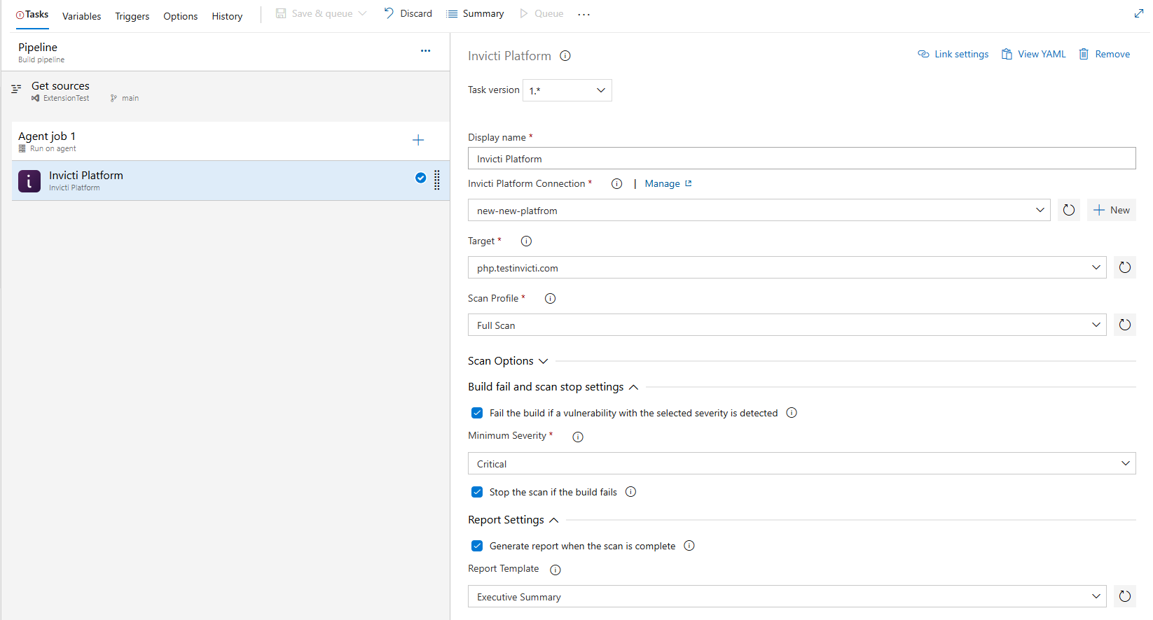 Azure DevOps pipeline task configuration showing Build fail and scan stop settings and Report Settings sections