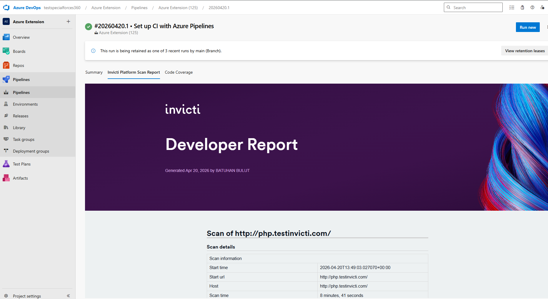 Azure DevOps Invicti Platform Scan Report tab showing vulnerability findings and scan summary