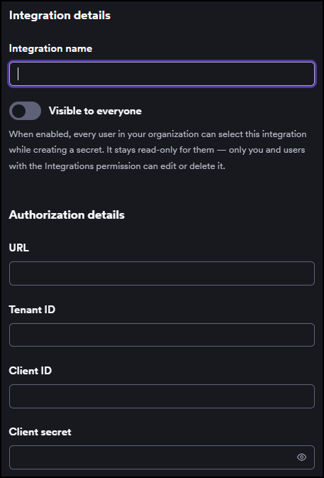 Azure Key Vault configuration form showing Integration name, Visible to everyone toggle, and Authorization details fields for URL, Tenant ID, Client ID, and Client secret