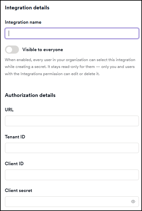 Azure Key Vault configuration form showing Integration name, Visible to everyone toggle, and Authorization details fields for URL, Tenant ID, Client ID, and Client secret