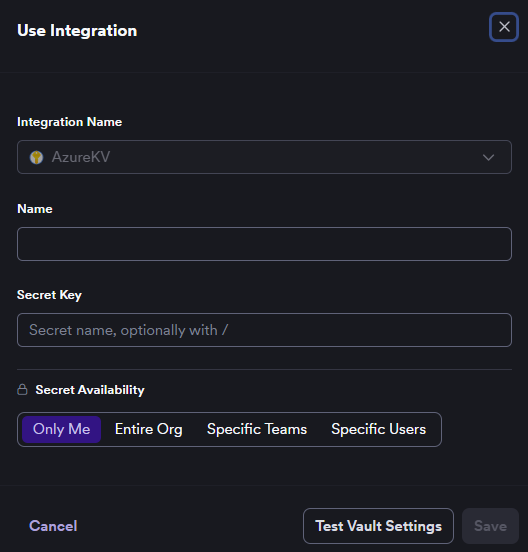 Use integration dialog with Integration name, Name, Secret key, and Secret availability fields