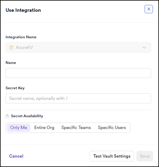 Use integration dialog with Integration name, Name, Secret key, and Secret availability fields