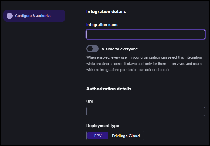 CyberArk Vault configuration page showing Integration name, Visible to everyone toggle, URL, and Deployment type selector with EPV and Privilege Cloud options