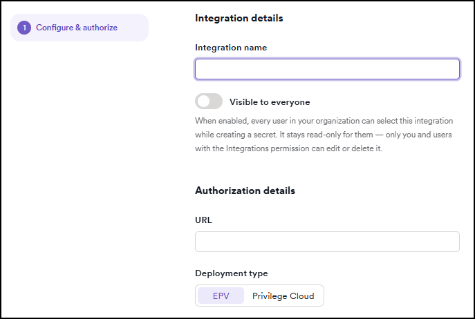 CyberArk Vault configuration page showing Integration name, Visible to everyone toggle, URL, and Deployment type selector with EPV and Privilege Cloud options