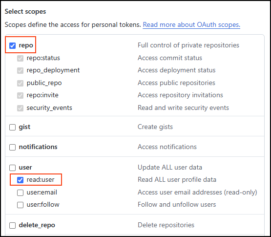 GitHub token scopes configuration