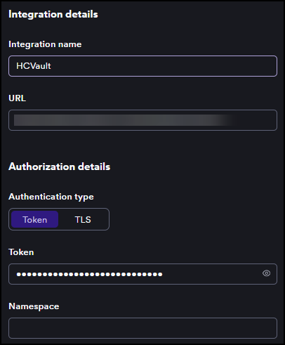 HashiCorp Vault configuration form with Token authentication selected