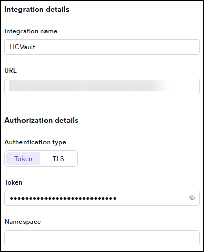 HashiCorp Vault configuration form with Token authentication selected
