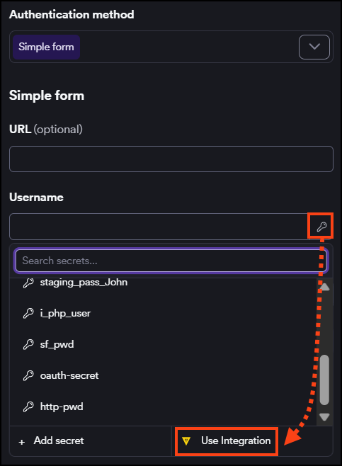 Secret picker dropdown showing available secrets and Use Integration button