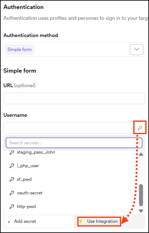 Secret picker dropdown showing available secrets and Use Integration button