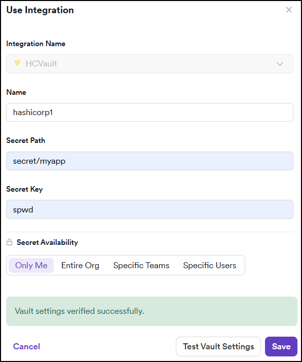 Use Integration dialog with Integration Name, Name, Secret Path, Secret Key, and Secret Availability fields