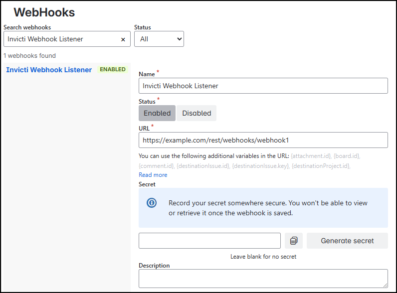 Jira webhook configuration