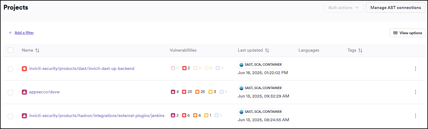 The Projects page showing the Mend integration completed