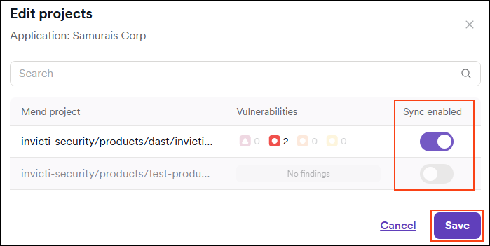 Choose Mend projects to sync