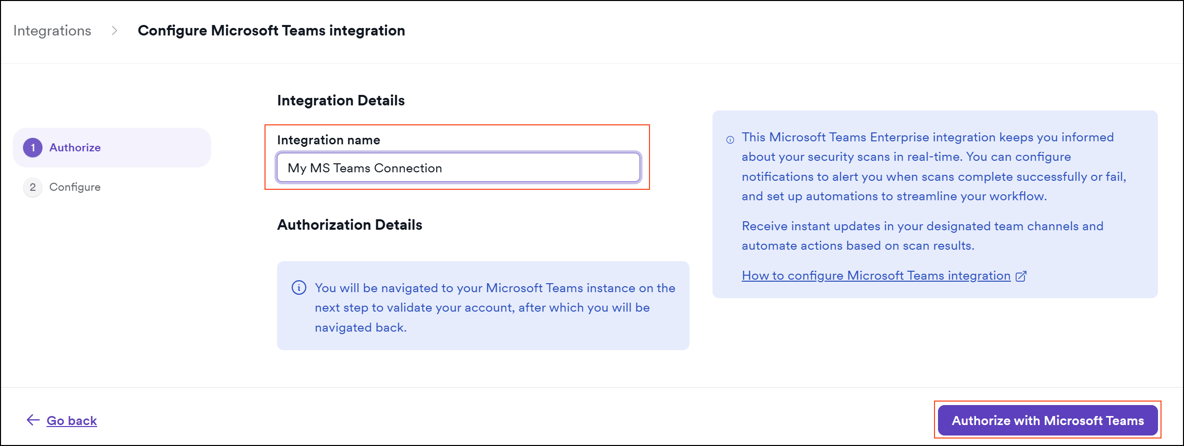 Integrations name and press Authorize with MS Teams