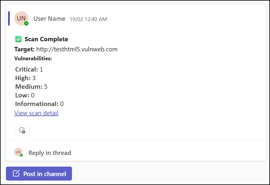 Example Teams notification for a completed scan.
