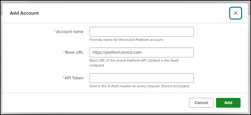 Splunk add-on Configuration page showing Account name, Base URL, and API Token fields
