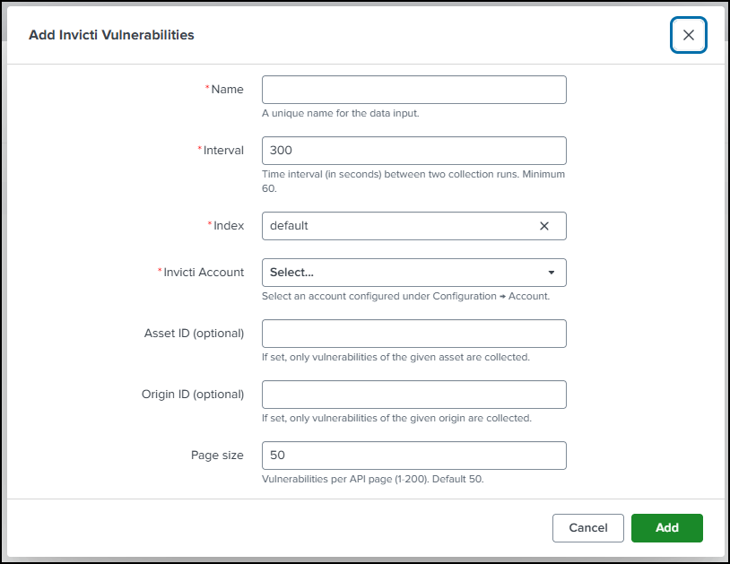 Splunk add-on Create new input dialog showing Name, Interval, Index, Invicti Account, and optional filter fields