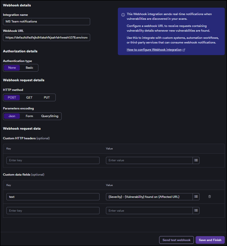 Invicti Webhook integration form configured for Power Automate with Authentication type None and a text custom data field.