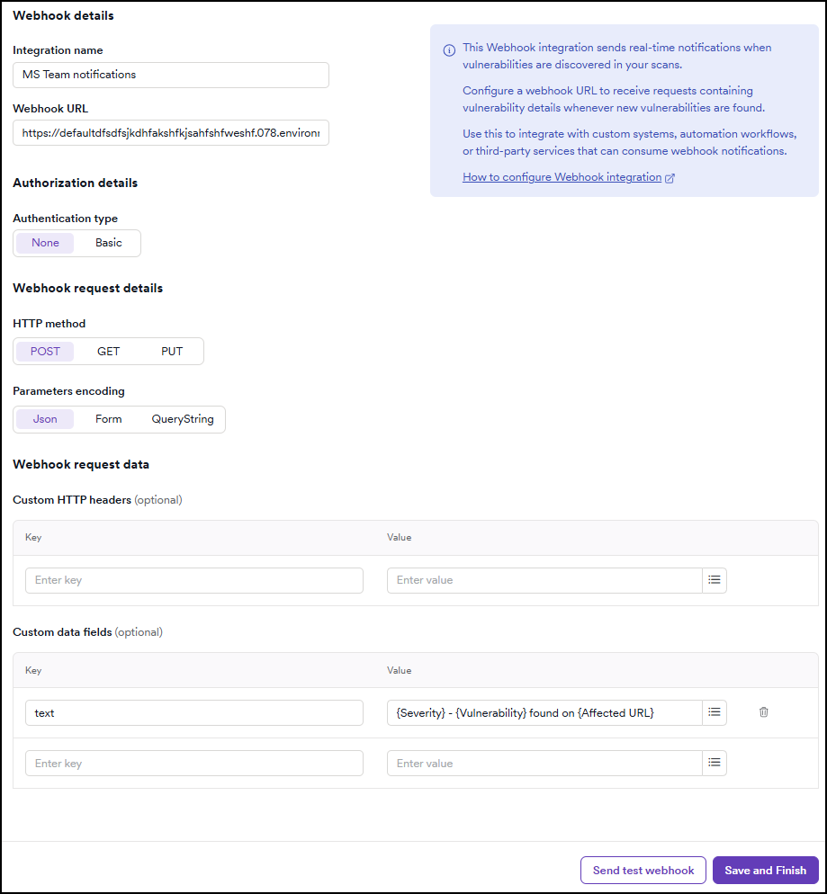 Invicti Webhook integration form configured for Power Automate with Authentication type None and a text custom data field.
