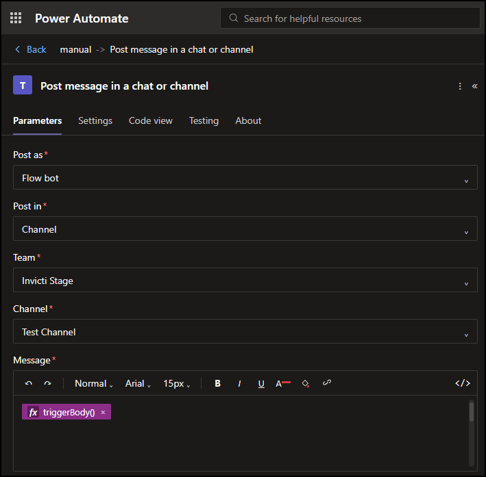 Post message in a chat or channel action with the message field showing the triggerBody text expression in code view.