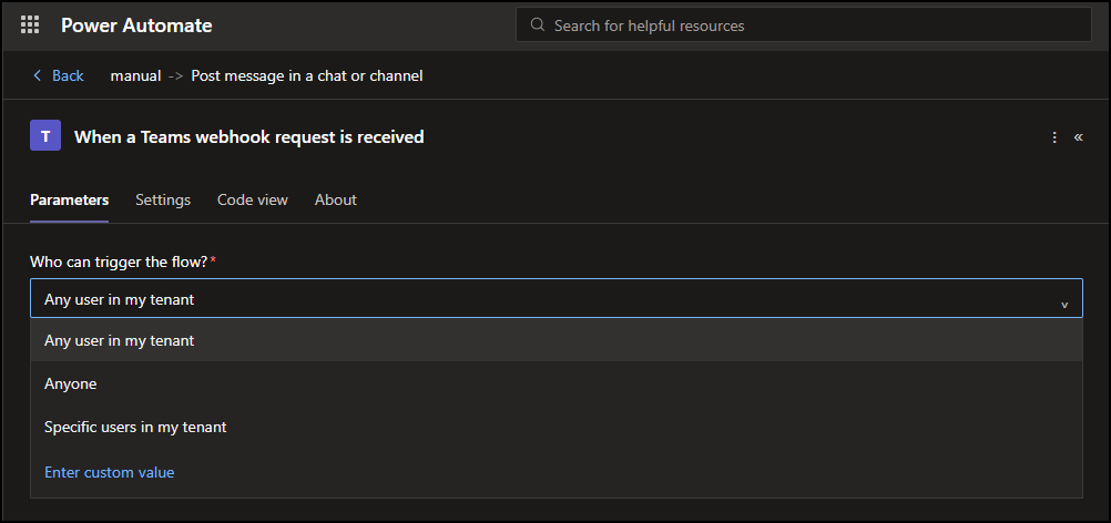 Power Automate trigger settings panel with the Who can trigger the flow dropdown expanded, showing the Anyone option.