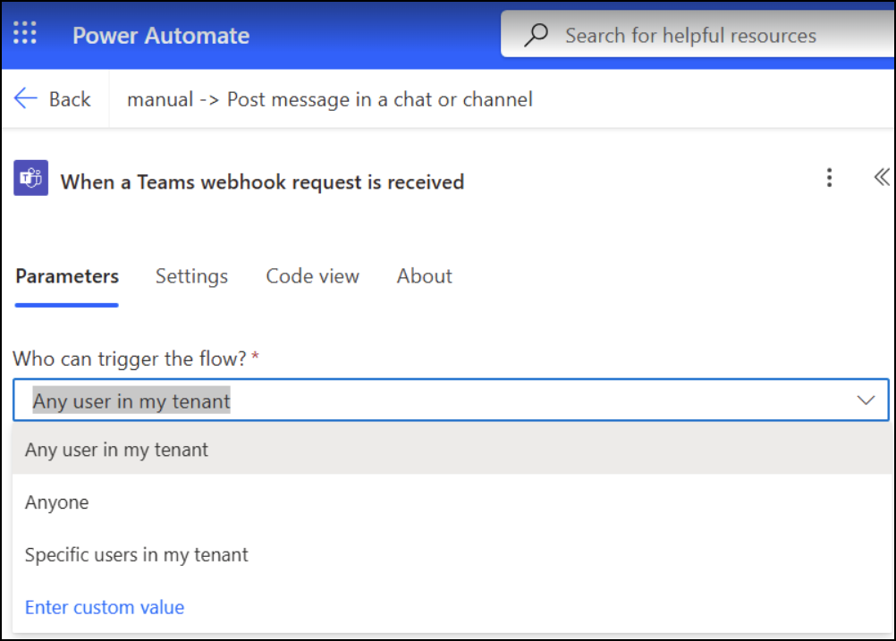 Power Automate trigger settings panel with the Who can trigger the flow dropdown expanded, showing the Anyone option.