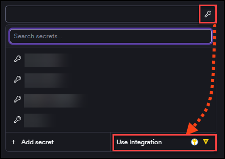 Secret picker showing existing secrets and the Use Integration button at the bottom