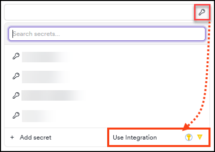 Secret picker showing existing secrets and the Use Integration button at the bottom