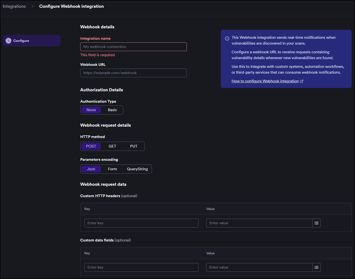 The Configure Webhook integration form showing Webhook details, Authorization Details, Webhook request details, and Webhook request data sections.