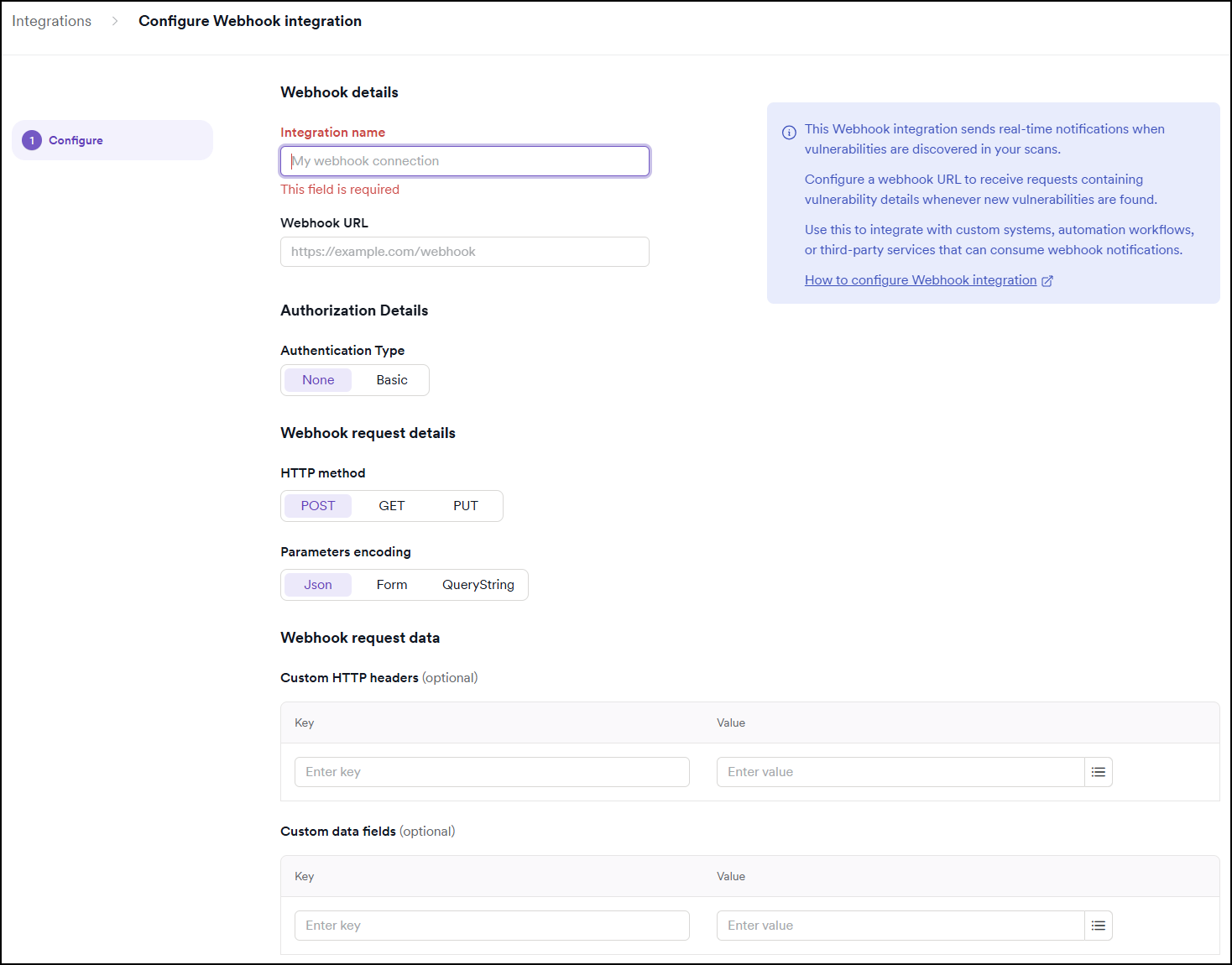 The Configure Webhook integration form showing Webhook details, Authorization Details, Webhook request details, and Webhook request data sections.