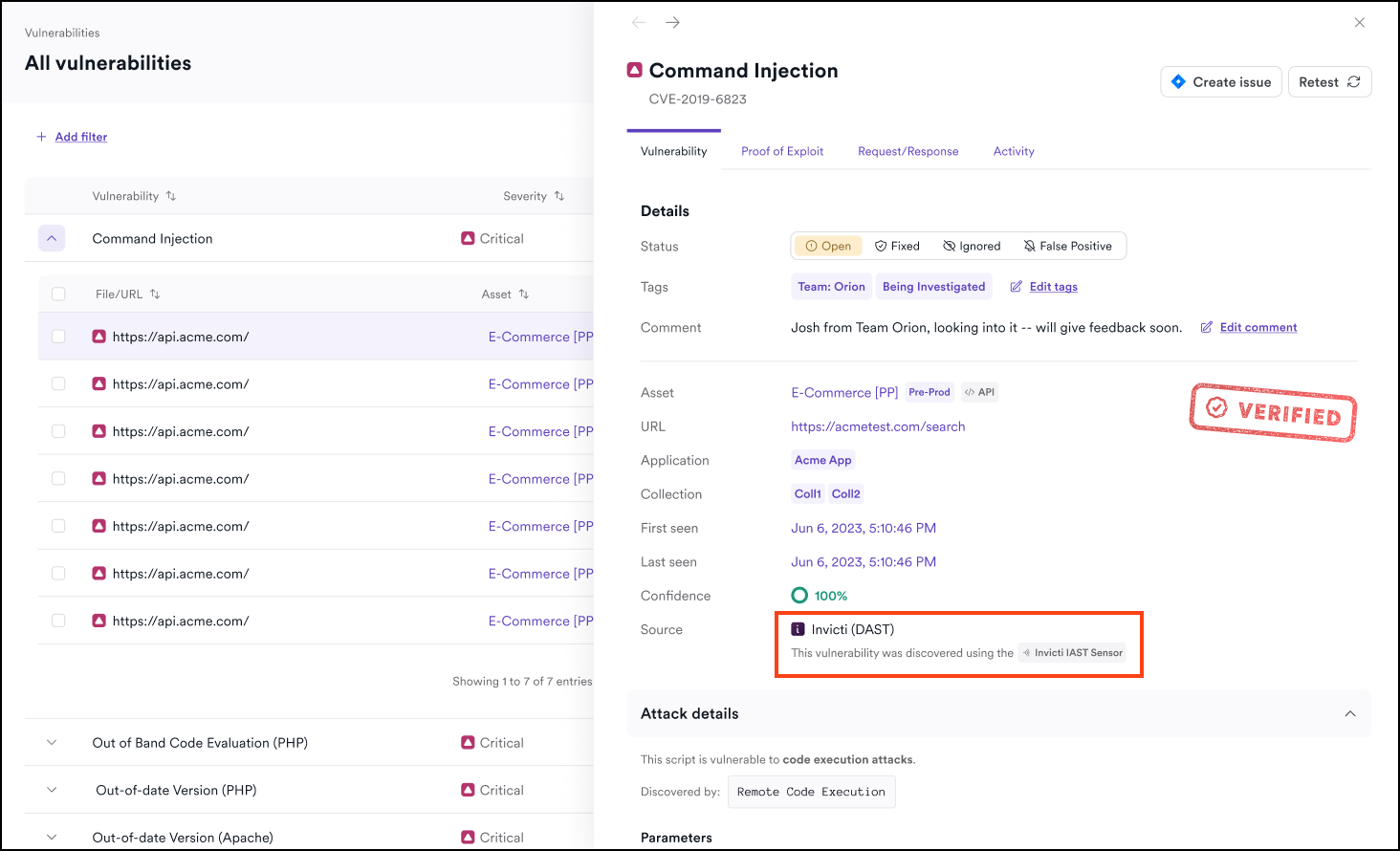 Details of a vulnerability found with Invicti IAST.