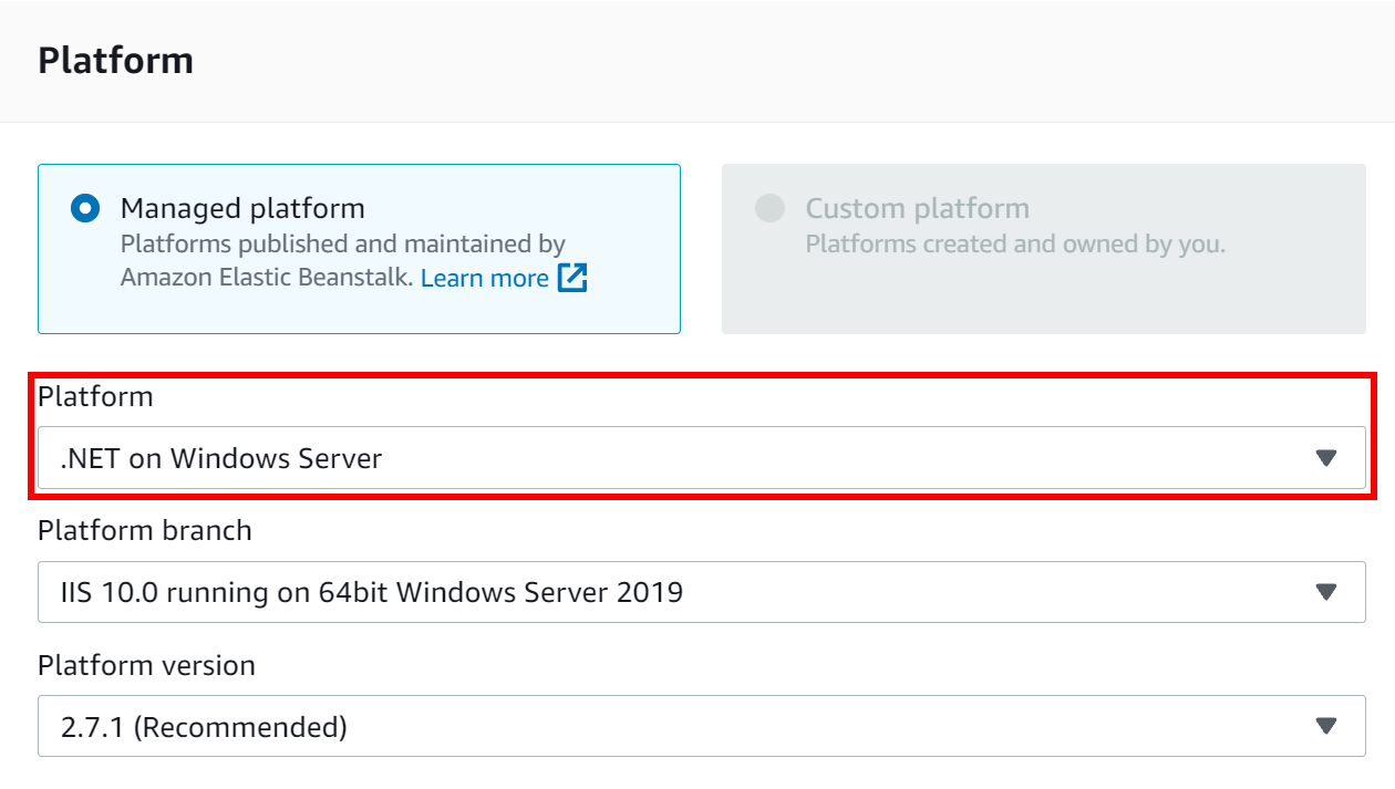 Set Platform to .NET on Windows Server.