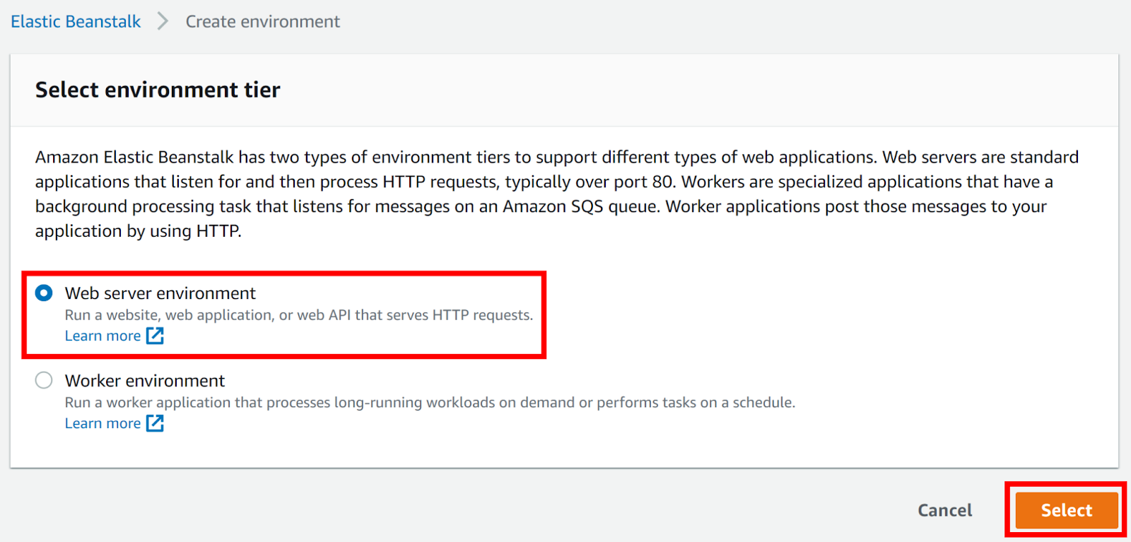 Select Web server environment.