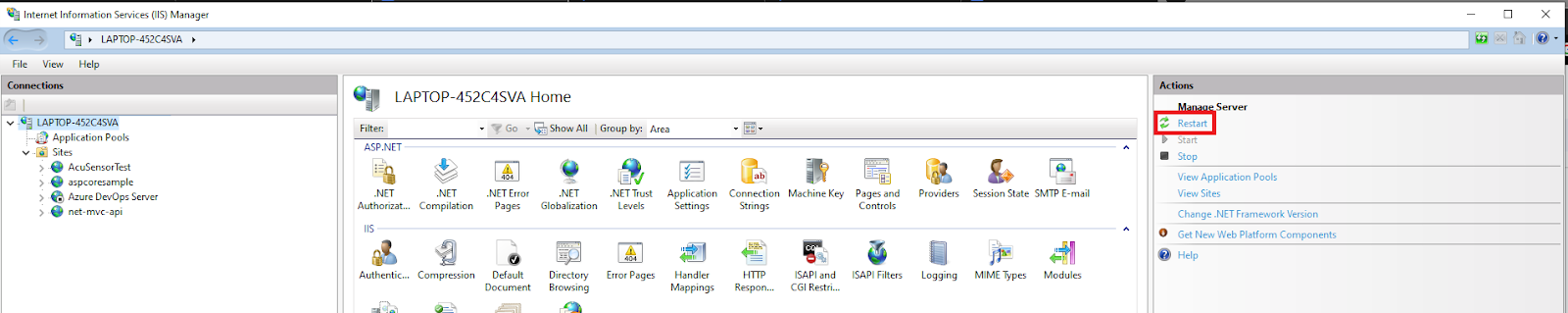 Restarting the web application in IIS Manager