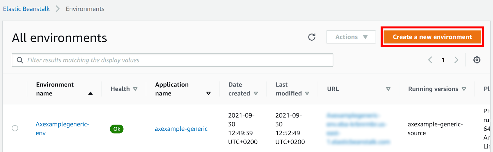 Create a new environment button in AWS Elastic Beanstalk.