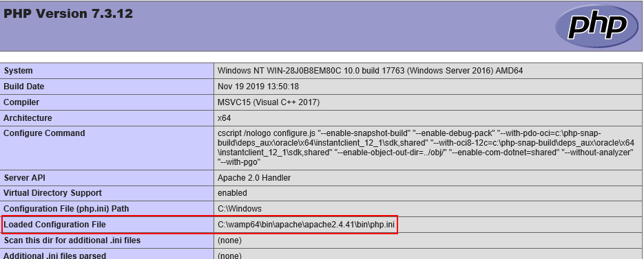 phpinfo() output showing Loaded Configuration File.,