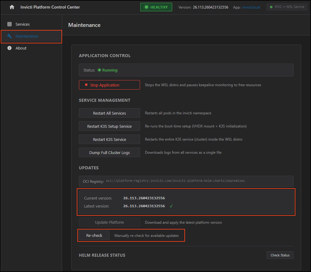 Invicti Platform Control Center Maintenance page showing the Updates section with Update now and Re-check buttons
