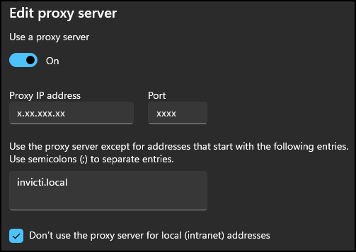 Windows proxy settings with invicti.local added to the proxy bypass list.
