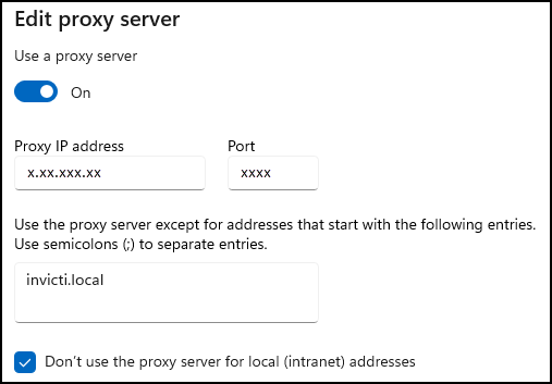 Windows proxy settings with invicti.local added to the proxy bypass list.