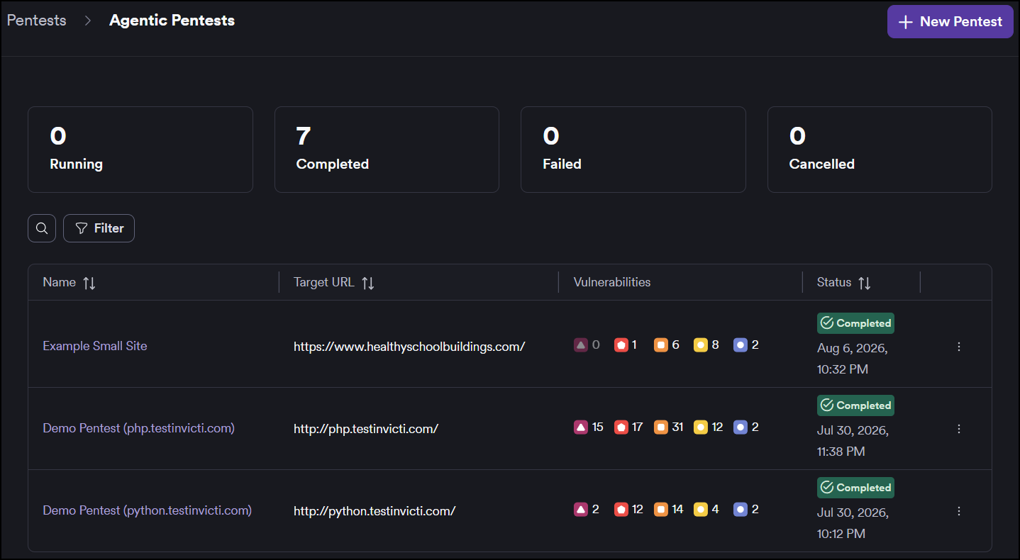 Agentic pentests list showing Running, Completed, Failed, and Cancelled stat tiles and a table of pentests with status and vulnerability counts